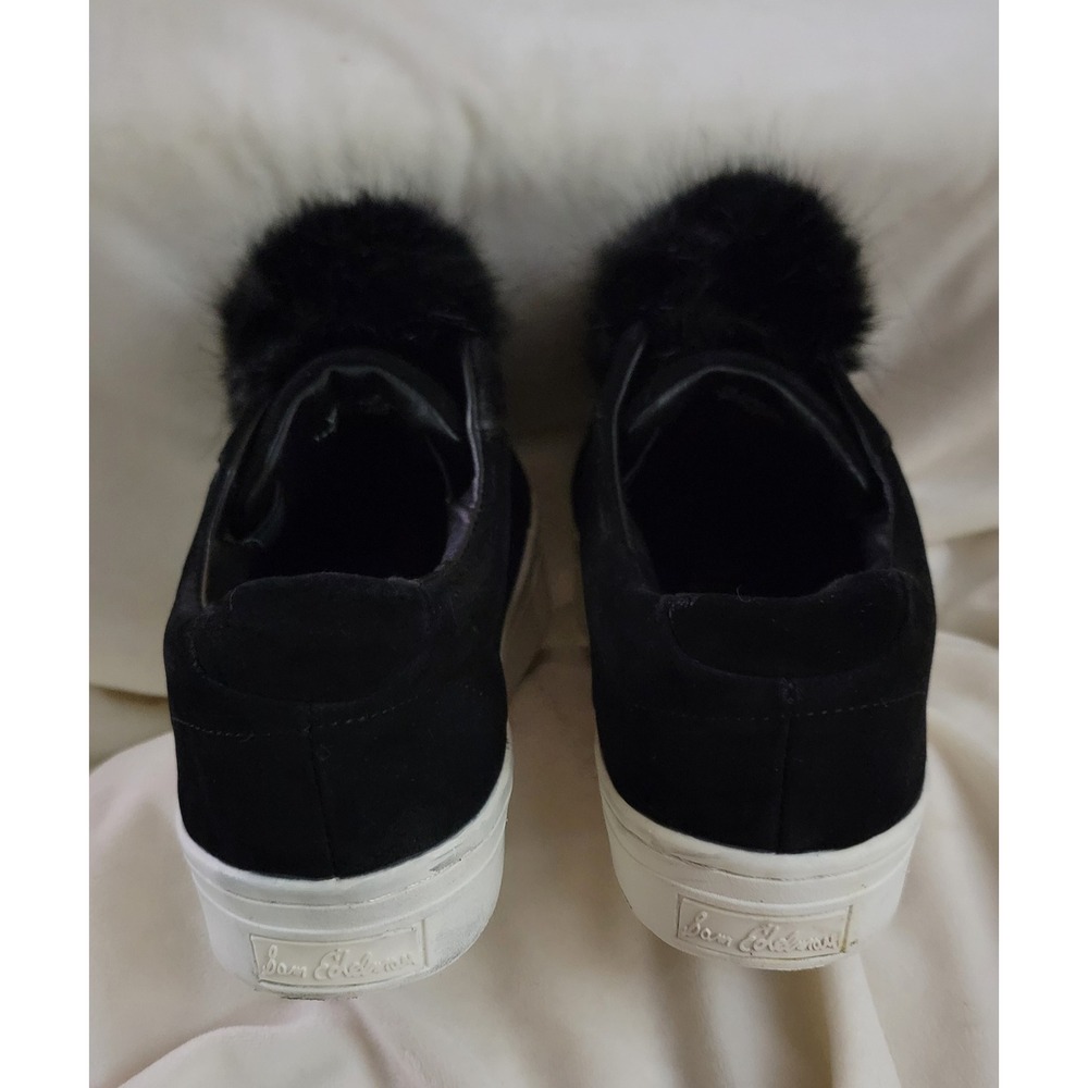 Sam Edelman Black Suede Slip On Sneakers with Fur Pom Poms Women's Size 7m - Picture 6 of 6